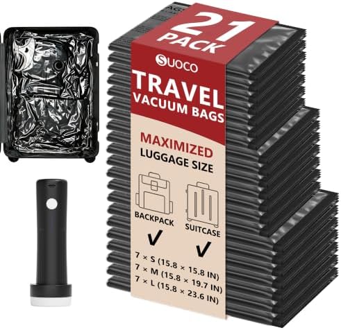 Travel Vacuum Bags for Clothing with Cordless Pump 21 Combo, Black by SUOCO