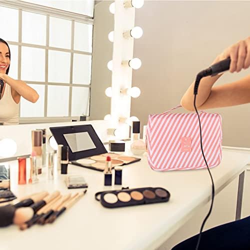 Hanging Toiletry Bag for Women, Portable Pink Striped Summer Beach Bag - Image 5