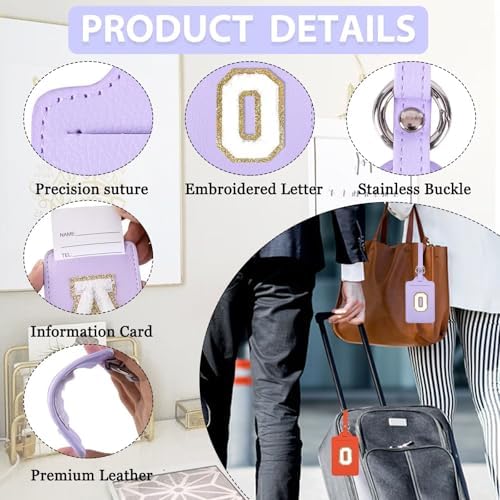 Personalized Initial Luggage Tags for Suitcases, Leather Chenille Letter Cute Luggage Tags with Privacy Name Card, Embroidered Travel Bag Backpack Tag Gifts for Women Kids Girls Teens(Purple-O) - Image 4