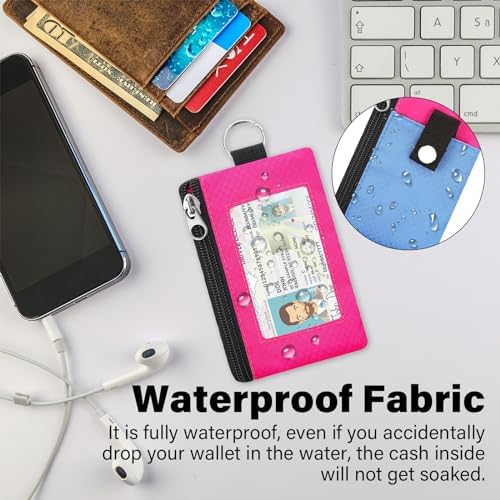Minimalist RFID Blocking Wallet with Lanyard, Functional ID Case with 2 Zipper Pockets and Key Chain for Men and Women, Tactical Badge Pouch Cards Holder, Coin Purse for Travel Sports-Rose - Image 5