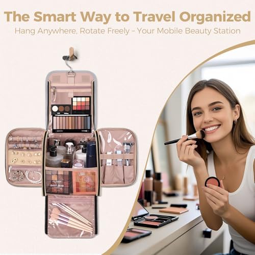 Hanging Toiletry Bag & Makeup Bag for Women with Jewelry Organizer - TSA Approved Large Capacity Travel Cosmetic Organizer, Waterproof Shower Essentials Case with Transparent Pockets - Image 2