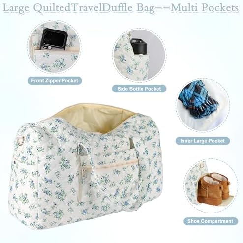 Quilted Floral Duffle Bag for Women Weekender Overnight Travel Bag - Image 3