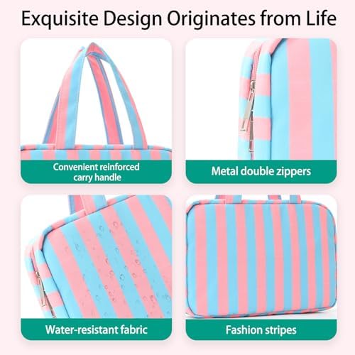 Toiletry Bag for Women Travel Water-resistant Cosmetic Bag Fashion Stripes Makeup Bag with Hanging Hook Preppy for Store Toiletries Cosmetic Accessories Medium Rose Red - Image 2