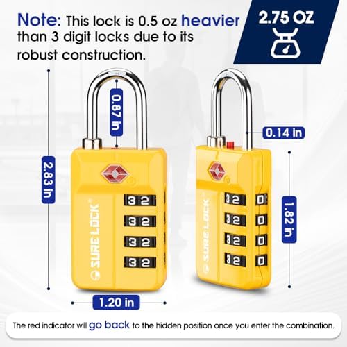 SURE LOCK TSA Approved 4-Digit Resettable Combination Luggage Lock with Open Alert, Easy-Read Dials - for Luggage, School Lockers, Gym, Office, Toolbox & Security Cases(Yellow 1PACK) - Image 4