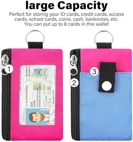 Minimalist RFID Blocking Wallet with Lanyard, Functional ID Case with 2 Zipper Pockets and Key Chain for Men and Women, Tactical Badge Pouch Cards Holder, Coin Purse for Travel Sports-Rose - Image 3