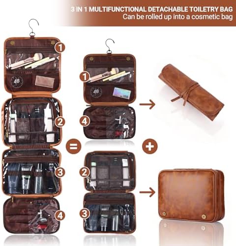 OXYEFEI Personalized Hanging Travel Toiletry Bag Gift for Men,Engraved Initial PU Leather Mens Large Toiletry Travel Essential Organizer Dopp Kit Shaving Bag for Him Birthday (P, Light Brown) - Image 4