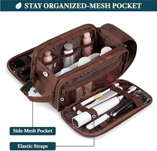 PAVILIA Toiletry Bag for Men, Hanging Travel Dopp Kit Organizer, PU Leather Water Resistant Bathroom Bag for Shaving Grooming, Large Capacity Cosmetic Bag Travel Essentials, Brown - Image 2
