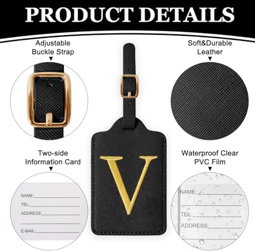 Personalized Initial Luggage Tags for Suitcases,Leather Letter Cute Luggage Tags with Privacy Name Card,Embroidered Monogrammed Travel Bag Backpack Tag Gifts for Women Kids Girls Teens(Black-V) - Image 3