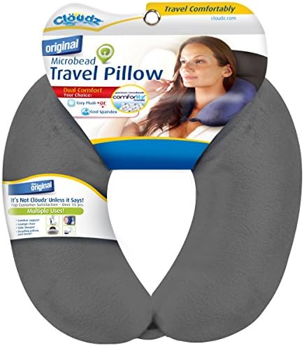 Cloudz Dual Comfort Microbead Airplane Travel Neck Pillow. Super Soft Cozy Plush Fabric on One Side, Cool Relaxing Spandex on The Other! Customize Your Comfort and Support at Home or On The Go! Grey by Cl%C3%B6udz