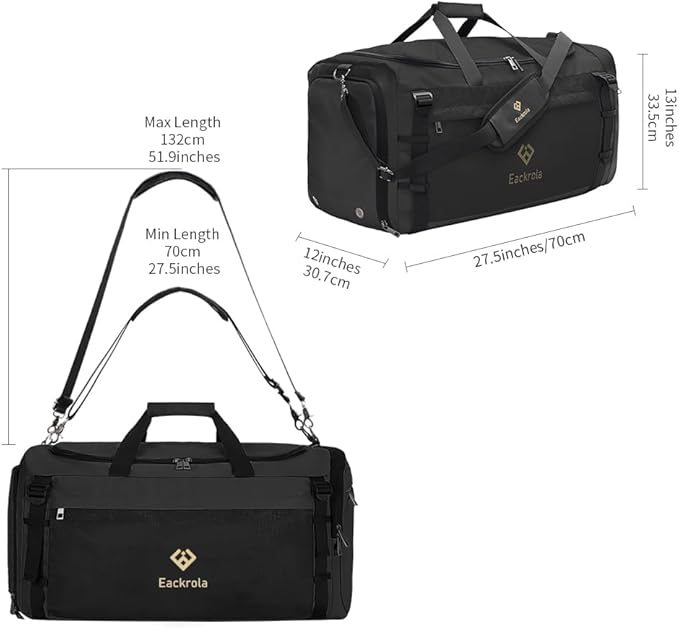 Extra Large Sports Gym Bag, Travel Duffel bag with Wet Pocket & Shoes Compartment for men women, 85L, Lightweight （Black）