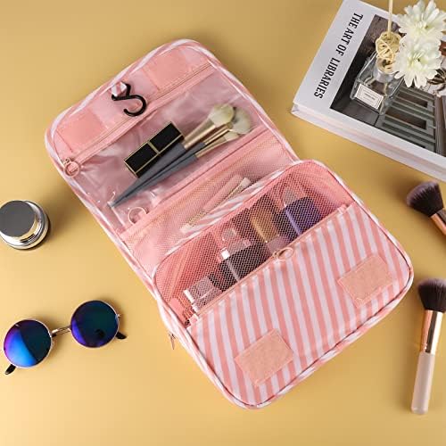 Hanging Toiletry Bag for Women, Portable Pink Striped Summer Beach Bag - Image 4