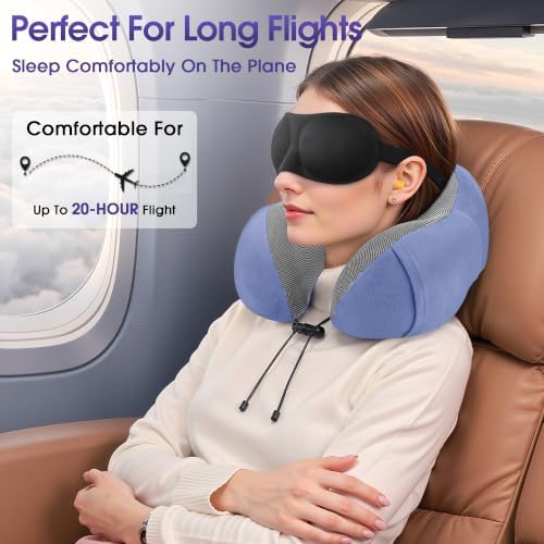 CloudBliss Travel Pillow for Airplanes, Memory Foam Neck Pillow Set, Blue - Image 4