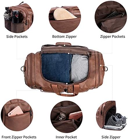 Leather Travel Bag with Shoe Pouch,Weekender Overnight Bag Waterproof Leather Large Carry On Bag Travel Tote Duffel Bag for Men or Women-Brown - Image 5