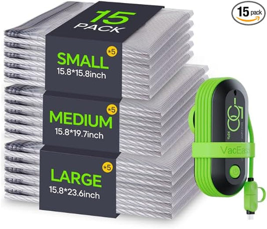 Vacbird Vacuum Bags for Travel with USB Electric Pump, 15 Pack Carry-on Size Compression Packing for Luggage and Suitcase, Space Saver Bags for Clothes and Clothing Travel
