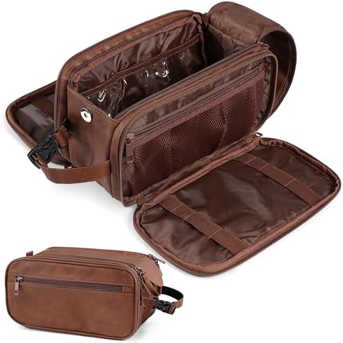 PAVILIA Toiletry Bag for Men, Hanging Travel Dopp Kit Organizer, PU Leather Water Resistant Bathroom Bag for Shaving Grooming, Large Capacity Cosmetic Bag Travel Essentials, Brown by PAVILIA