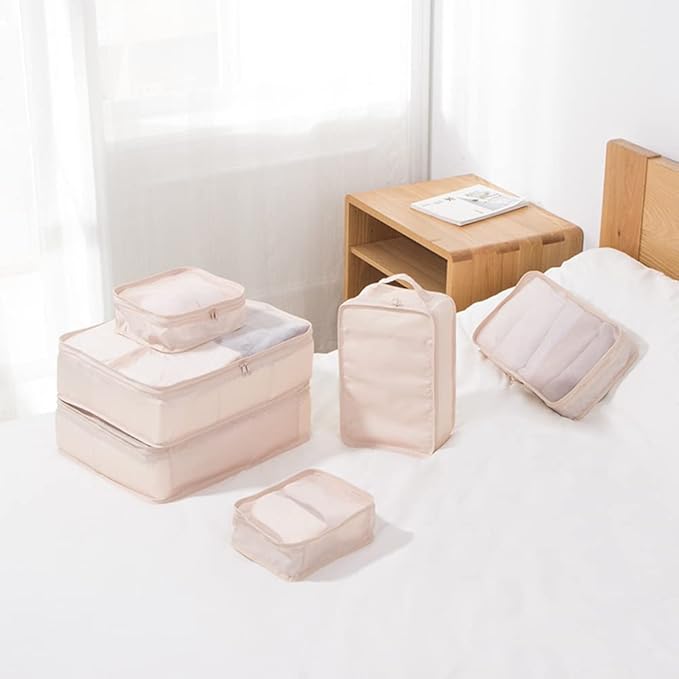Packing cubes for Travel 6 Set Luggage Organizer Bags Packing Cubes for Suitcases Travel Essentials for Carry on Mesh Suitcase Organizer with Shoe Bag (cream)