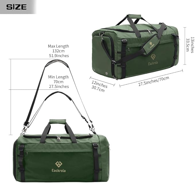 Extra Large Sports Gym Bag, Travel Duffel bag with Wet Pocket & Shoes Compartment for men women, 85L, Lightweight （Green）
