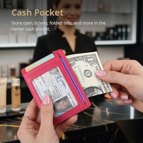 Buffway Slim Minimalist Front Pocket RFID Blocking Leather Wallets for Men and Women - Lichee Red - Image 5