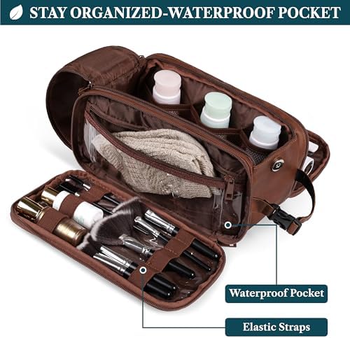 PAVILIA Toiletry Bag for Men, Hanging Travel Dopp Kit Organizer, PU Leather Water Resistant Bathroom Bag for Shaving Grooming, Large Capacity Cosmetic Bag Travel Essentials, Brown - Image 3