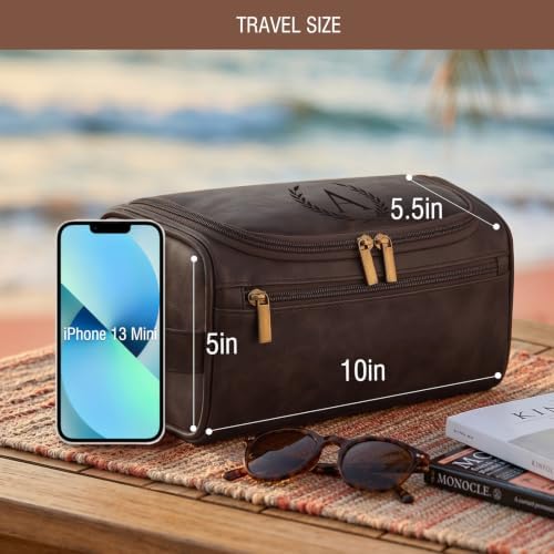Travel Toiletry Bag Hanging For Mens PU Leather - Dark Brown (Initial K) - Image 2
