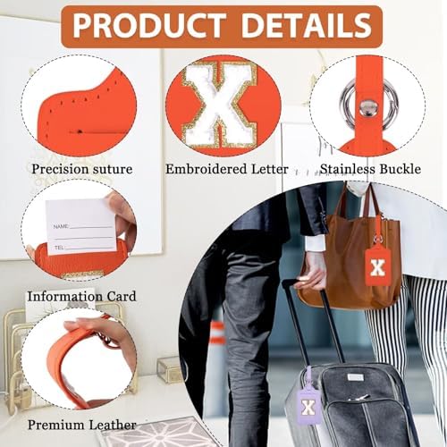 Personalized Initial Luggage Tags for Suitcases, Leather Chenille Letter Cute Luggage Tags with Privacy Name Card, Embroidered Travel Bag Backpack Tag Gifts for Women Kids Girls Teens(Orange-X) - Image 3