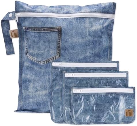 Bumkins Roamio Wet Bag and 3-Pack Clear-Sided Travel Pouches, Waterproof Fabric Organizer for Toiletries, Gym Clothes, Swim Gear, Shoes, Accessories, TSA Compliant Packing Set, Faux Denim 4-pc Set by Bumkins