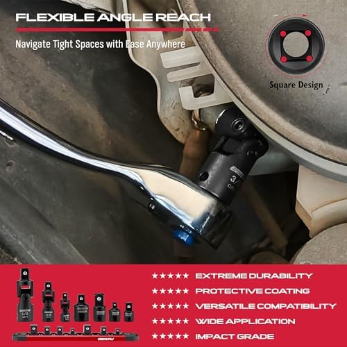 Universal Joint Socket Reducer: 7-Piece Impact Wobble U Joint & Adapter Set with Magnetic Aluminum Storage Rail - Premium Cr-V Steel 1/4", 3/8" & 1/2" Drive - Image 7