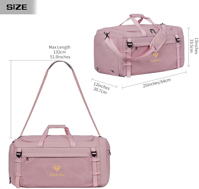 Large Sports Gym Bag, Travel Duffel bag with Wet Pocket & Shoes Compartment for men women, 65L, Lightweight（Pink）