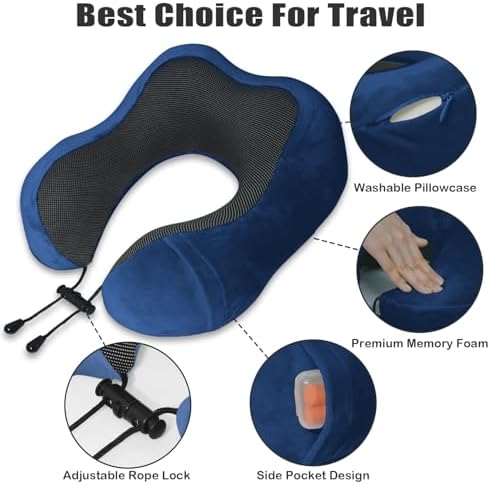 Travel Pillow, Memory Foam Neck Pillow for Traveling, U Shape Neck Pillow Airplane Portable Flight Pillow Travel Kit with 5D Contoured Eye Masks and Earplug for Plane Train Car Home Office - Blue - Image 3