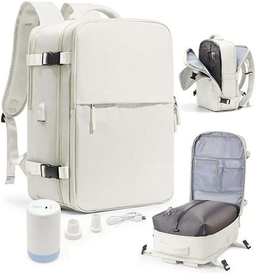 WONHOX Vacuum Seal Travel Backpack with Air Pump,Compression Vacpack Waterproof Carry On Backpack for Travel Women Men with Vacuum System,Airlines Approved Daypack Laptop Space Saver Bags,MoonWhite