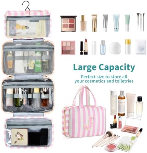 Personalized Travel Hanging Toiletry Bag & Makeup Bag Striped Pink J - Image 3