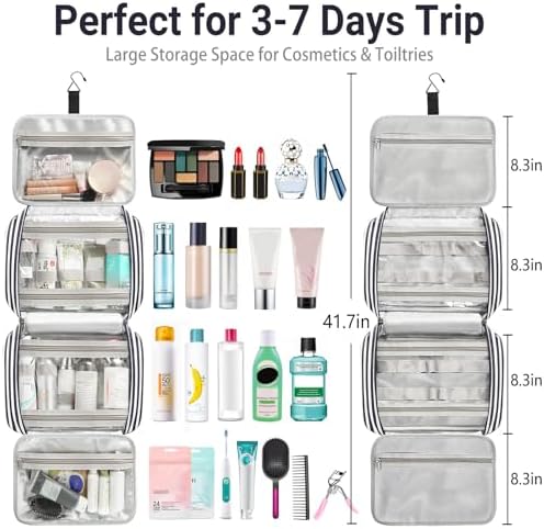 Bosidu Hanging Travel Toiletry Bag,Large Capacity Cosmetic Travel Toiletry Organizer for Women with 4 Compartments & 1 Sturdy Hook,Perfect for Travel/Daily Use/Christmas - Image 3