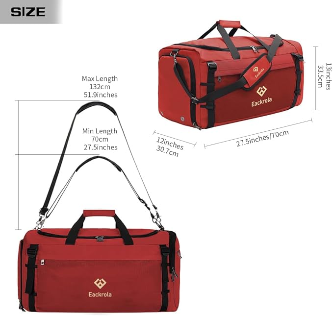 Extra Large Sports Gym Bag, Travel Duffel bag with Wet Pocket & Shoes Compartment for men women, 85L, Lightweight （Red）