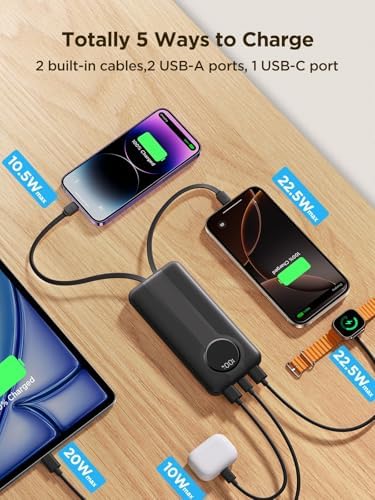 Aioneus Portable Charger, 10000mAh Power Bank with Built in Cables, 22.5W USB C in/Out Fast Charging Powerbank, Slim Travel Battery Charger Pack for iPhone 16 15 Samsung Galaxy S24 S10e Android Phone - Image 3