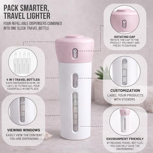 Travigo 4-in-1 Travel Dispenser Bottle, TSA Approved, Leak Proof, Four Reusable 1.4 oz. (40 mL) Toiletry Containers for Shampoo, Conditioner, Soap, Lotion, Skincare (Pink) - Image 3