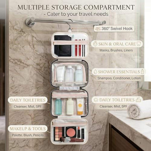 Travel Toiletry Bag for Women, Large Hanging Makeup Cosmetic Bag, Beige - Image 4