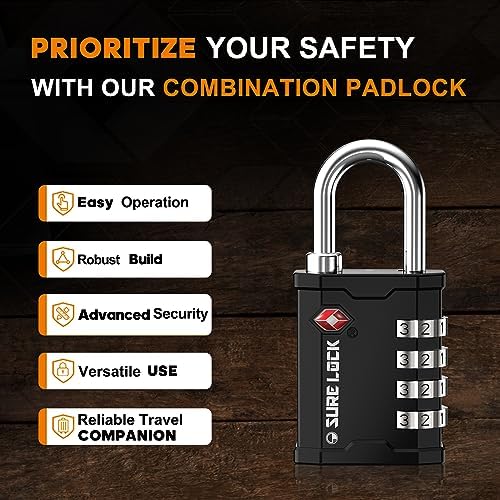 SURE LOCK TSA Approved 4 Digit Combination Lock, Heavy Duty Padlock with Red Dot Indicator for Gun Cases, Pelican Cases, Tool Boxes, Gym Lockers, Storage Units & Outdoor Gates(1,Black) - Image 5