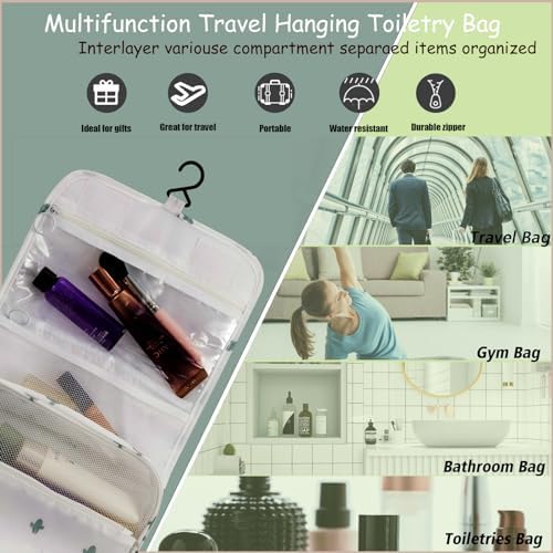 L&FY Hanging Toiletry Bag For Women-Portable Travel Toiletry Bag Water-resistant Makeup Organizer Bag For Cosmetic, Travel Toiletries, Accessories (White With Cactus) - Image 4