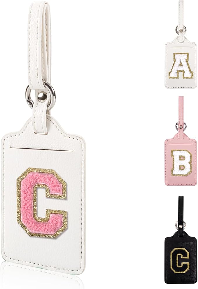 Personalized Initial Luggage Tags for Suitcases, Leather Chenille Letter Cute Luggage Tags with Privacy Name Card, Embroidered Travel Bag Backpack Tag Gifts for Women Kids Girls Teens(White-C) by XSUIOY