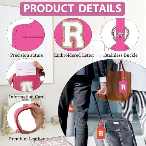 Personalized Initial Luggage Tags for Suitcases, Leather Chenille Letter Cute Luggage Tags with Privacy Name Card, Embroidered Travel Bag Backpack Tag Gifts for Women Kids Girls Teens(Rosered-R) - Image 4