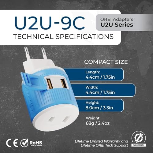OREI European Travel Plug Adapter with Dual USB - for Most of Europe - Type C (U2U-9C), Will Work with Cell Phones, Camera, Laptop, Tablets, iPad, iPhone and More - Image 5