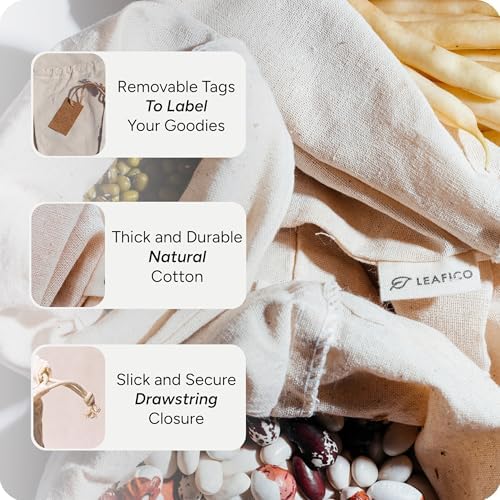 LEAFICO Muslin Cloth Bags with Drawstrings - Set of 8 (S, M, L, XL) - Reusable Natural Cotton Bags for Bulk Food Storage - Canvas Fabric Sachets - Image 4