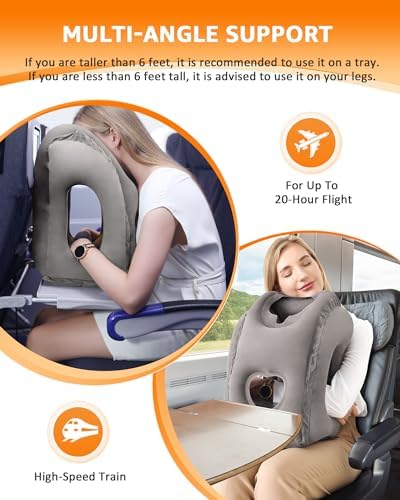 Sunany Inflatable Neck Pillow Used for Airplanes/Cars/Buses/Trains/Office Napping with Free Eye Mask/Earplugs (Gray) - Image 4