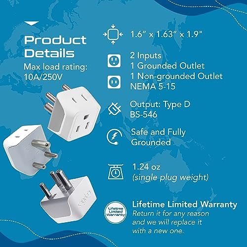 Ceptics US to India Plug Adapter works in Nepal, Maldives, Pakistan, India Power Adapter, Dual USA Input, Grounded Travel Adapter for Indian plug, Perfect for Phones, Laptop Chargers, 3 Pack (CT-10) - Image 4