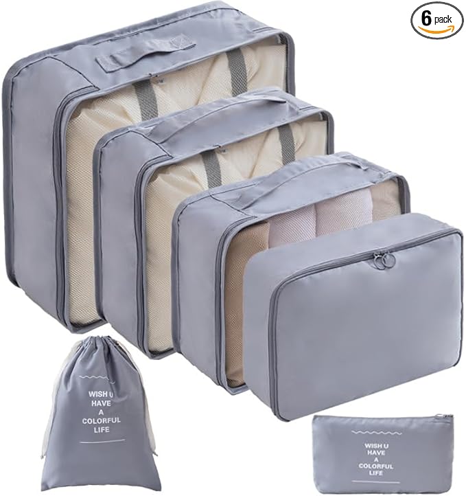 LANSKLBD 6 Set Packing Cubes for Travel, Luggage Organizers with Shoe & Toiletry Bags, Lightweight Suitcase Organizer for Carry-On, Washable Laundry Bags(Grey)