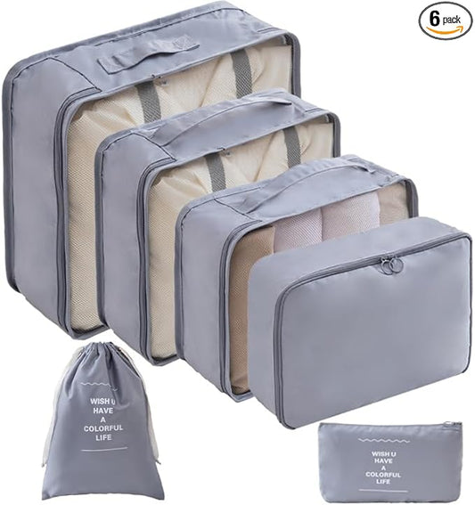 LANSKLBD 6 Set Packing Cubes for Travel, Luggage Organizers with Shoe & Toiletry Bags, Lightweight Suitcase Organizer for Carry-On, Washable Laundry Bags(Grey)