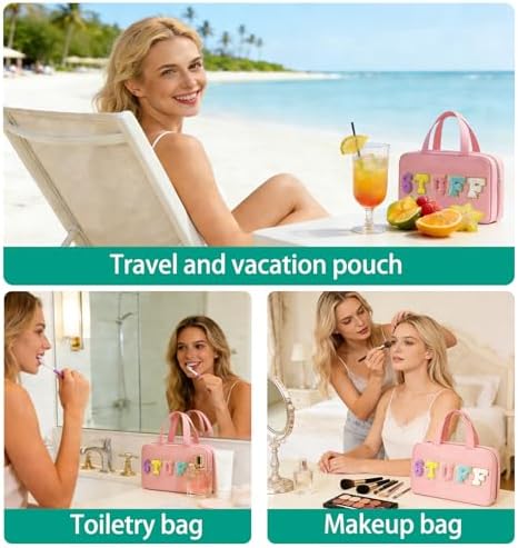 Toiletry Bag for Women Chenille Letter Makeup Bag Water-resistant Cosmetic Bag Travel Bag with Hanging Hook Preppy for Store Toiletries Cosmetic Accessories Medium Light Pink - Image 6