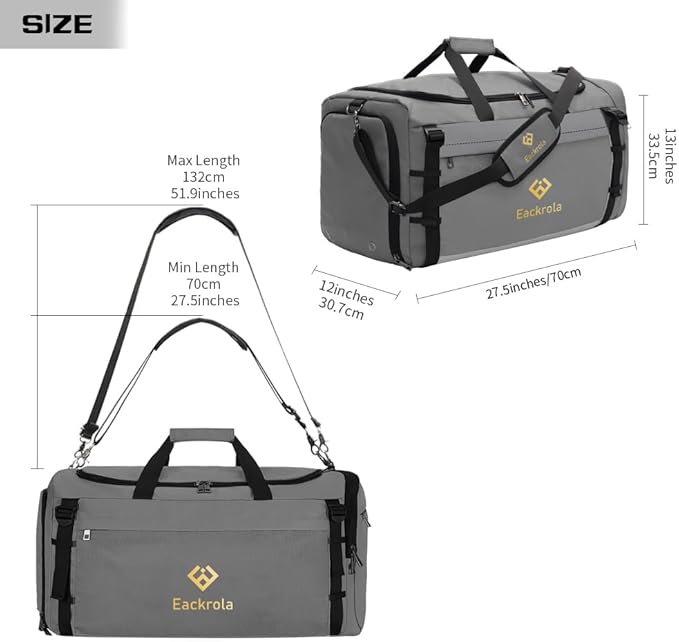Extra Large Sports Gym Bag, Travel Duffel bag with Wet Pocket & Shoes Compartment for men women, 85L, Lightweight （Light Gray）