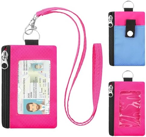 Minimalist RFID Blocking Wallet with Lanyard, Functional ID Case with 2 Zipper Pockets and Key Chain for Men and Women, Tactical Badge Pouch Cards Holder, Coin Purse for Travel Sports-Rose by ZHOMA