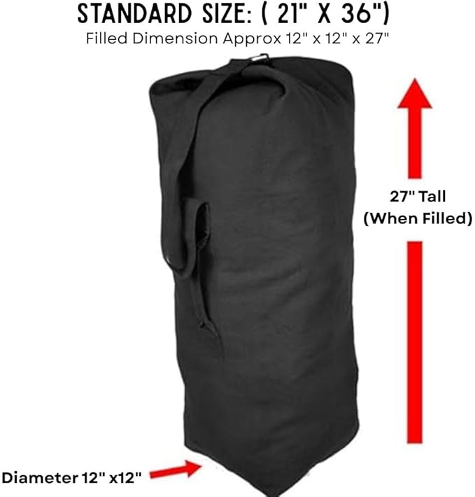 Top Load Heavyweight Cotton Canvas Tactical Military Duffle Bag Carryall Shoulder Storage Bulk Travel Bag, Black - 12" x 12" x 27"